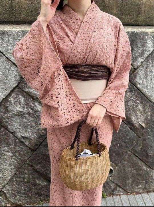 浴衣ジェンヌ 高級 総レース 浴衣5点セット 白レース×くすみピンク