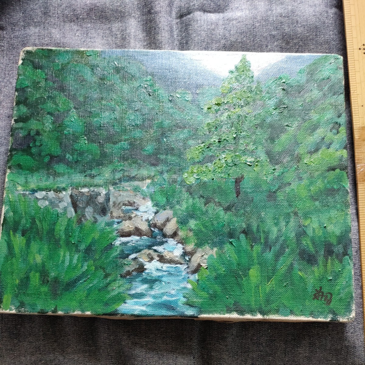 風景画 作者不明 山中の川の風景22×27 森 川 山 油絵 古い, 絵画, 油彩, 自然, 風景画