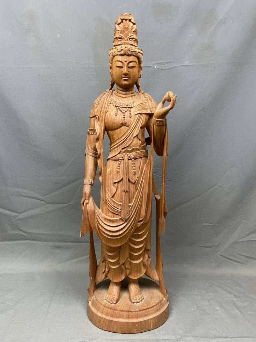 仏教美術 木彫 細密彫刻 観音菩薩像 60.5cm 時代古玩 仏像 骨董品 工芸