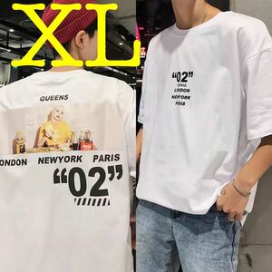 ビッグシルエット プリント Tシャツ トップス シャツ カットソー 半袖 ストリート ビッグT レディース メンズ 白 ホワイト XL