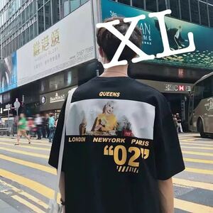 ビッグシルエット プリント Tシャツ トップス シャツ カットソー 半袖 ストリート ビッグT レディース メンズ 黒 ブラック XL