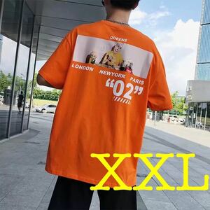 ビッグシルエット プリント Tシャツ トップス シャツ カットソー 半袖 ストリート ビッグT レディース メンズ オレンジ XXL