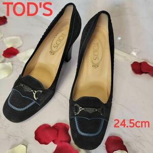 極美品　TOD'S パンプス　ハイヒール　チャンキーヒール　ネイビー　　ロゴ トッズ 37ハーフ 24.5cm相当