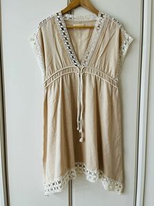 H3242cc Ray BEAMS Ray Beams M rank One-piece beige × white lady's old clothes short sleeves One-piece hook .. cotton cotton 