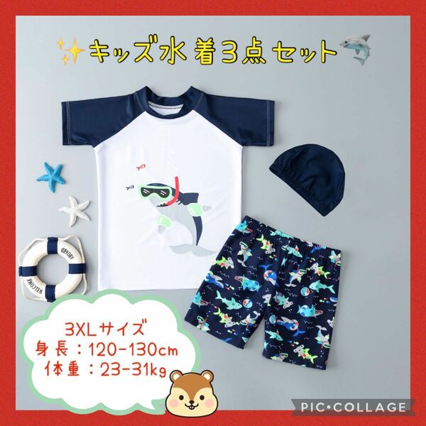 新品水着3点セット キッズ 子供 男の子 ラッシュガード 3XL サメ柄