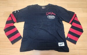 即決 早い者勝ち【VANSON/バンソン】バンソン 黒×袖赤×黒ボーダー 重ね着風ロングTシャツ サイズM チェーンステッチ刺繍などの豪華仕様 