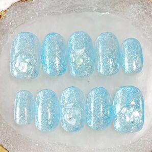 ネイルチップ 夏 ブルー クリア シェル キレイ ショート丈