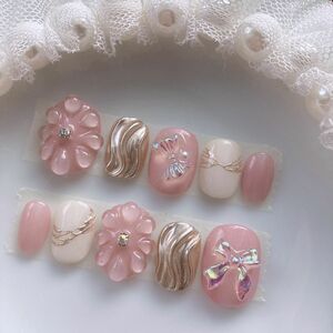 現品　ネイルチップ　ベリーショート　ぷっくりお花　ニュアンス