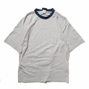 90's 00's ベーシックエディション 2トーン クルーネック リンガー Tシャツ 半袖 (M位) 霜降り灰×紺 無地 90年代 00年代 旧タグ オールド