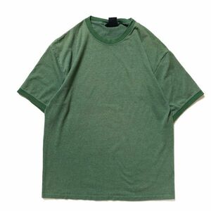 90's 00's ヘインズ製 ベーシックエディション クルーネック リンガー Tシャツ 半袖 (M) 霜降り緑×緑 無地 90年代 00年代 旧タグ オールド