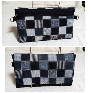  handmade remake * Denim style block check pattern . quilting. nintendo Switch correspondence cushion pouch 
