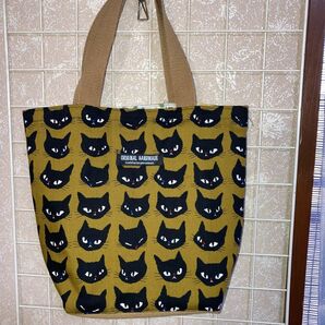 茶系　猫柄　フェイス　ミニトートバッグ　ハンドメイド