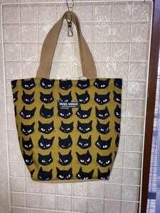 茶系　猫柄　フェイス　ミニトートバッグ　ハンドメイド