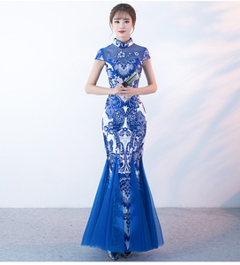  new work! size order free! mermaid line * China dress * blue * Japanese style pattern * musical performance .! presentation * karaoke long dress party dress 