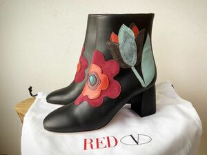 [RED VALENTINO] red * Valentino flower patchwork leather short boots black black 38/24cm degree 