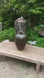 大型 四耳壺 土物灰釉 推定年代 明治大正期 しじこ 龜壺 大甕 大壷