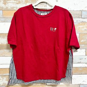 Emage. レディース　半袖　Tシャツ　ギンガムチェック　赤　白黒