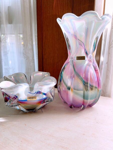 アートグラス 花瓶 2セット オーロラ ガラス ハンドメイド 