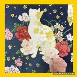 キルトゲイト QUILT GATE ハギレ 生地 猫 花柄 和柄 ネイビー 紺色 100cm×50cm