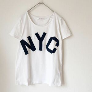 おしゃれROSIEEロージービッグロゴ 半袖Tシャツ フリーサイズMサイズ紺ネイビー白ホワイト レディース丸首カットソートップスリボン