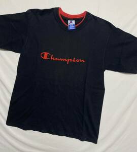 90s CHAMPION USA製 首リブダブル　ツートン　Tシャツ LOGO 刺繍　プリント　袖シングルステッチ　OLD vintage 90年代　 赤× 黒
