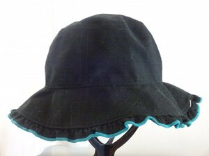 ⊿エメラルドブルー⊿レディース・ガールズ　黒色帽子　つば広ハット　サイズ５７・５cm　キャップ　帽子　毛使用