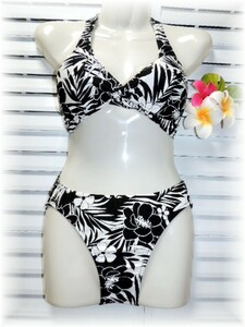 klieito fashion separate swimsuit 9 number /M white ground × black botanikaru pattern 