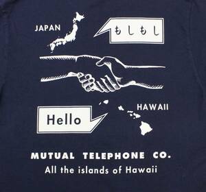 YTS71東洋XSもしもし 握手 電話 ハワイ 日本 アドバタイジング サンサーフUSA製 アロハシャツ 半袖TシャツSUN SURF色紺