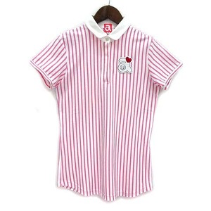 アルチビオ archivio 鹿の子 ポロシャツ 半袖 ストライプ ロゴ ワッペン ピンク ホワイト 36 ゴルフ レディース