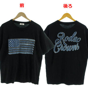 ロデオクラウンズワイドボウル RODEO CROWNS WIDE BOWL RCWB Tシャツ 半袖 丸首 ロゴ 星条旗 コットン混 ブラック 黒 青 XL