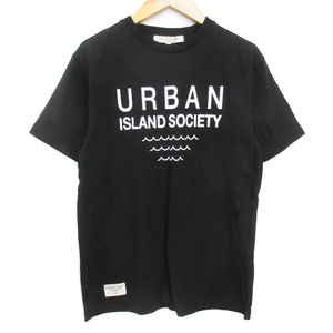 アーバンアイランドソサエティ URBAN ISLAND SOCIETY Tシャツ カットソー 半袖 クルーネック ロゴプリント S モノトーン 白 黒 ホワイト ブ