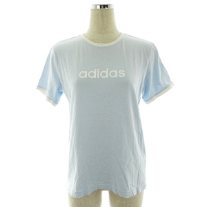 アディダス adidas Tシャツ カットソー 半袖 ラウンドネック 薄手 コットン ロゴ プリント L 青 白 レディース