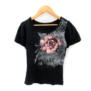 レストローズ L'EST ROSE Tシャツ カットソー 半袖 ラウンドネック 花柄 プリント 2 黒 ブラック /SY29 レディースの画像1