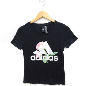 アディダス adidas 国内正規品 プリント Tシャツ カットソー 半袖 丸首 ロゴ バラ コットン 綿 S ブラック 黒 /FT24 レディース