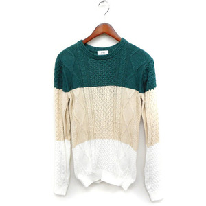  Ships SHIPS cotton knitted sweater long sleeve color scheme cable braided S green green white /FT30 men's 