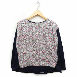 アフタヌーンティー Afternoon Tea WARDROBE 切替 カットソー Tシャツ 花柄 無地 長袖 丸首 M-L ネイビー 紺 /FT41 レディース