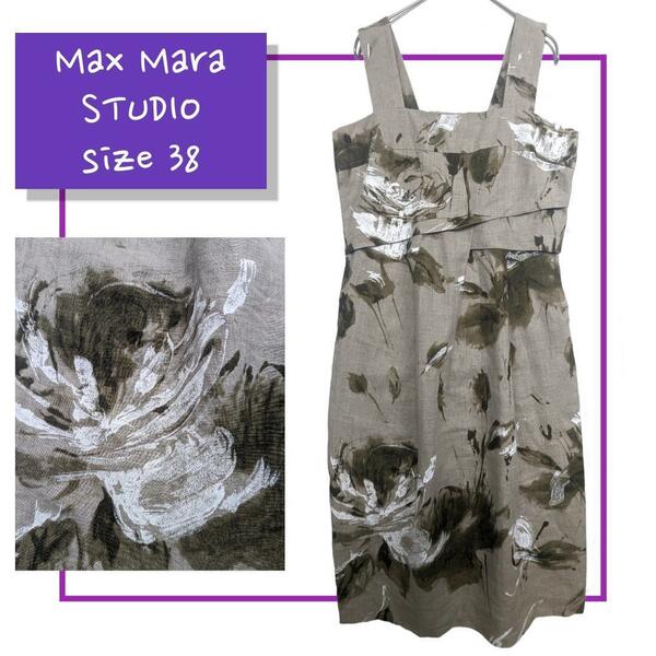 【美品】 マックスマーラ ステュディオ Max Mara STUDIO ヴィンテージ風 フラワー キャミ ドレス ワンピース タック リネン100％ J38