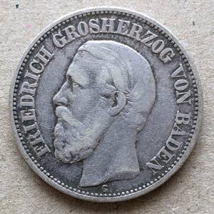 1888年 ドイツ バーデン フリードリヒ1世 2マルク 銀貨 F シュツットガルトミント