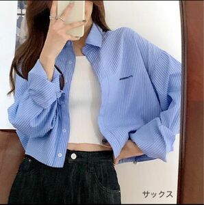 【早い者勝ち】こなれ感。お洒落女子♪SHOPLIST クロップド丈ストライプシャツ 長袖　ショート丈　韓国