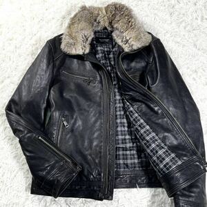 【美品】BURBERRY BLACK LABEL バーバリーブラックレーベル ラムレザージャケット ライダース ラビットファー ノバチェック ブラック LL