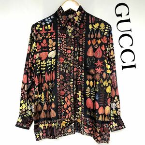 GUCCI グッチ シルク100% シャツ イタリア製 落ち葉 枯葉 葉っぱ リーフ カラフル レディース ゆったりサイズ　M L 40