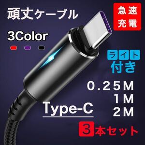 Type-C 充電ケーブル 3A 急速充電. アンドロイド 3本セット ムラサキ