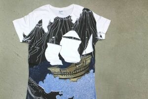 【古着LADY'S THREADLESS総柄舟柄 Tシャツ白S】スレッドレスmarrin mauticulヨット海夏