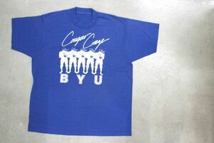 7065【古着VINTAGE カレッジプリントアメフトTシャツ青】COLLAGE オールドT-SH Brigham Young University