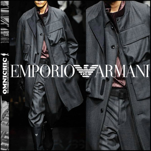 伊製コレクションモデル■新品20万【EMPORIO ARMANI】シャドウチェックライダースZIP付ウールステンカラーコート48/Lエンポリオアルマーニ