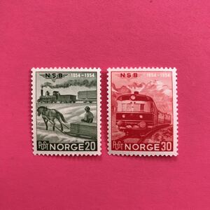 外国未使用切手★ノルウェー 1954年 ノルウェー鉄道100年 2種
