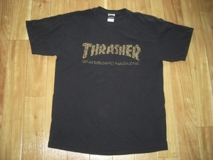 L スラッシャー THRASHER ヒョウ柄 ロゴ プリントTシャツ 黒 00s SK8 SKATE SNOW SURF K20D359