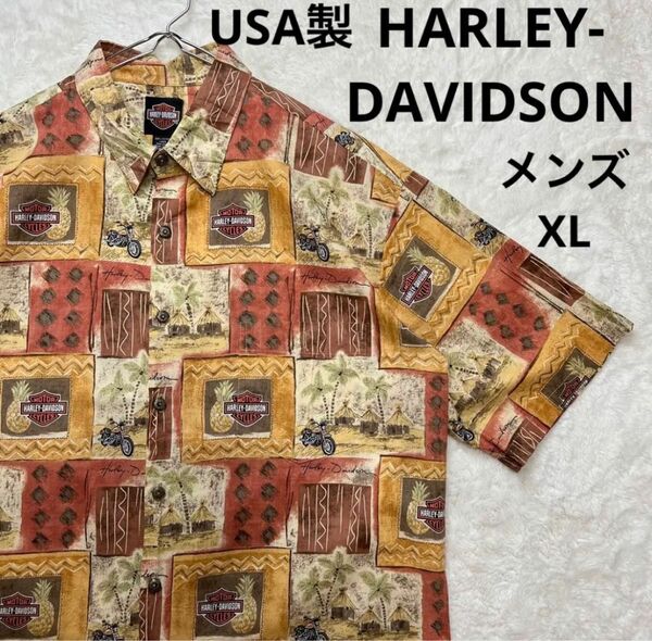 【USA製】ハーレーダビットソン　総柄　ロゴ　バイク　半袖シャツ　メンズ XL