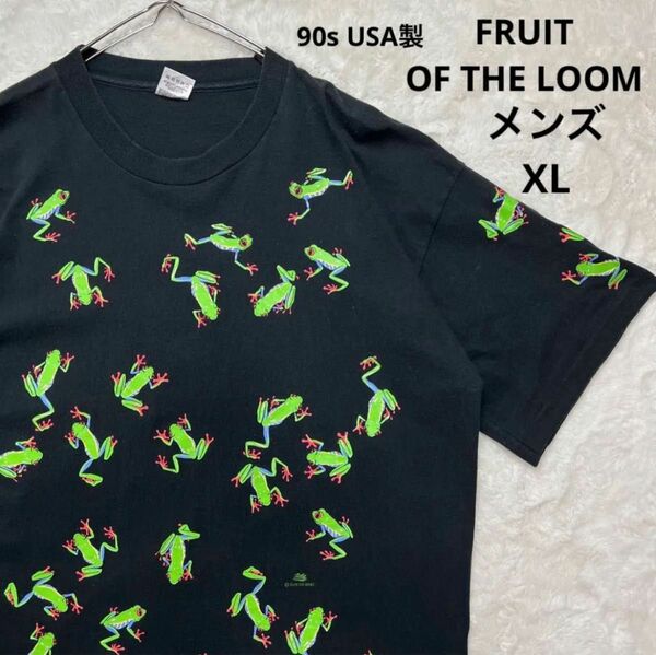 【USA製】90s Frog カエル プリント 総柄　Tシャツ　メンズXL