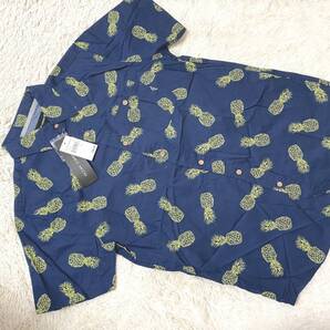 メンズSサイズ:OCEAN CURRENT オーシャンカレント◆パイナップル柄*コットン半袖シャツ:ネイビー 定価:$36.00